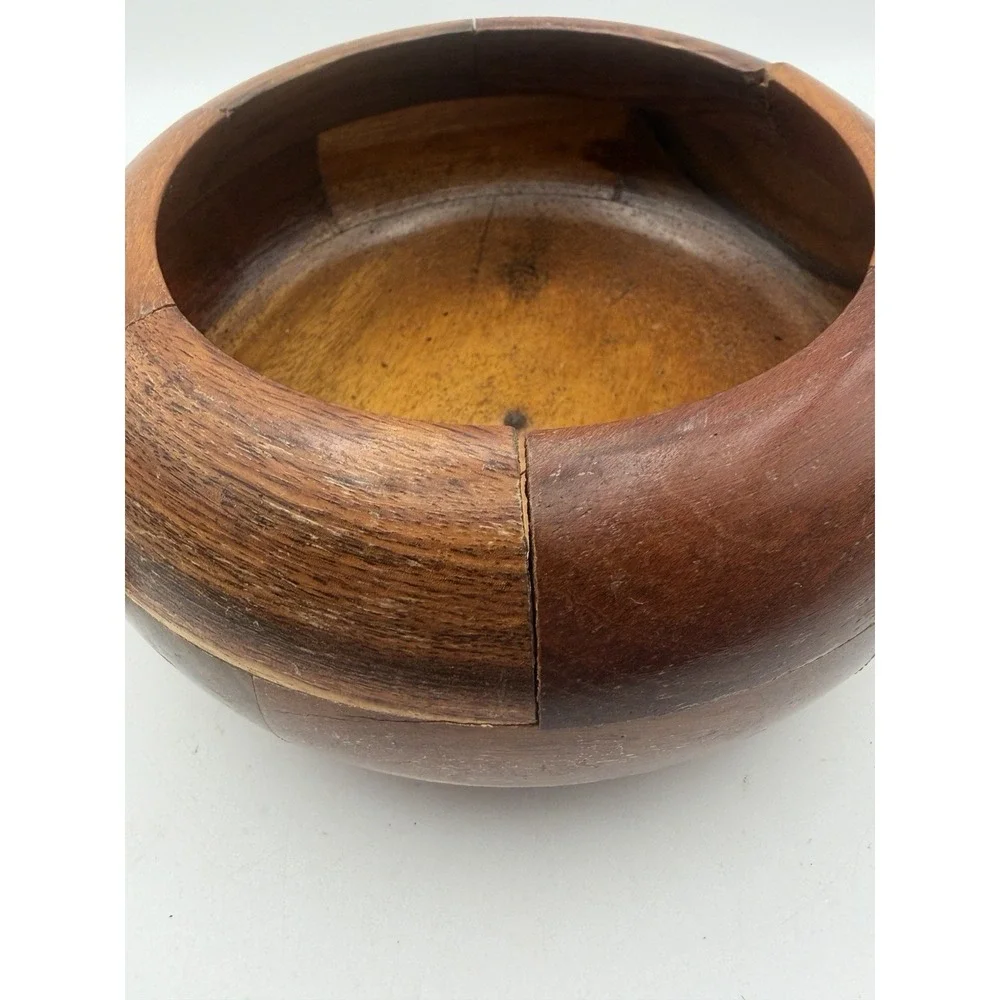 Vintage Hand Turned Patchwork Wooden Lidded Bowl Trinket Box Rustic Decor 5.25